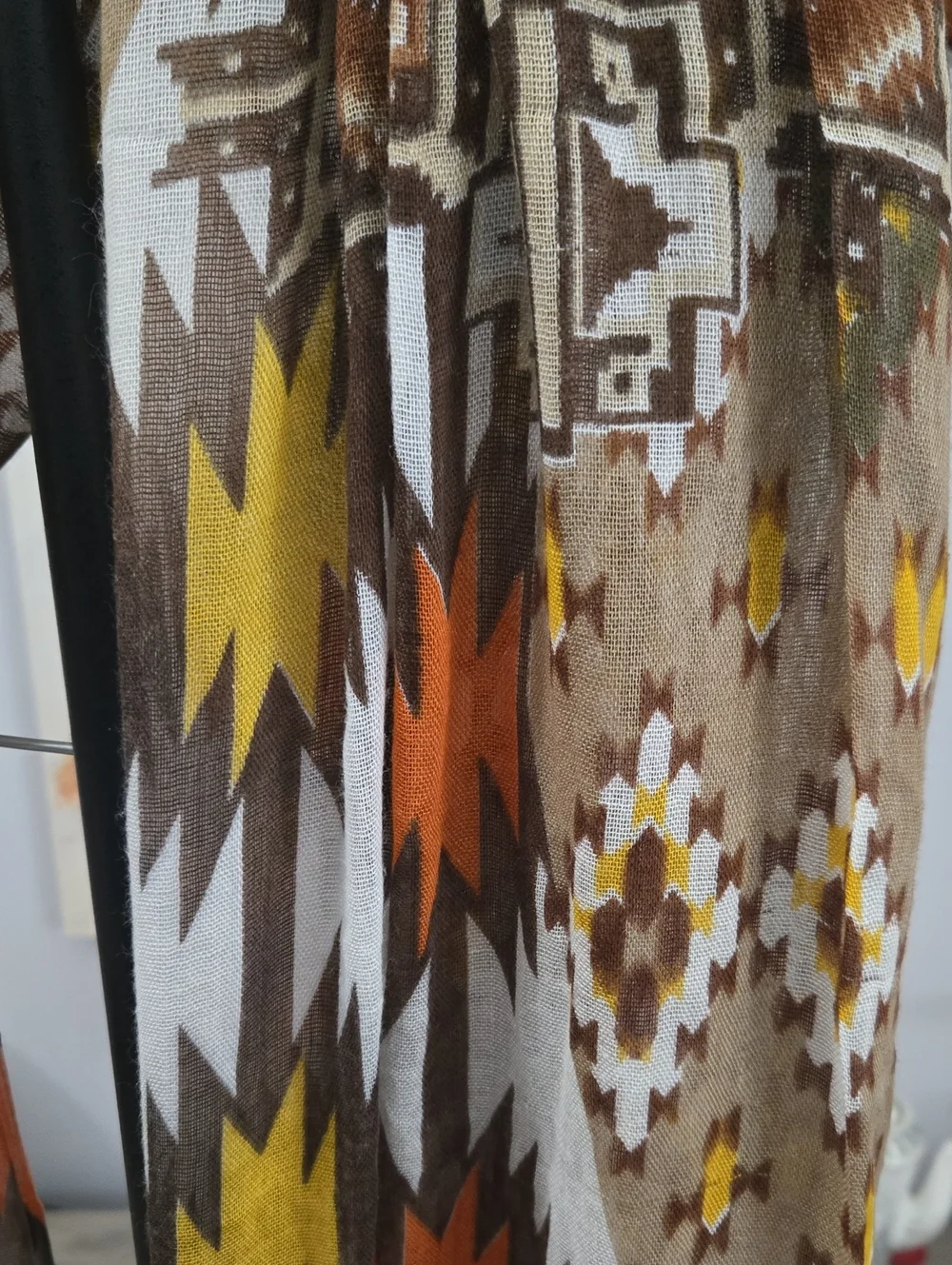 Aztec-Print Fringe Scarf Wrap in Brown, Orange & Mustard